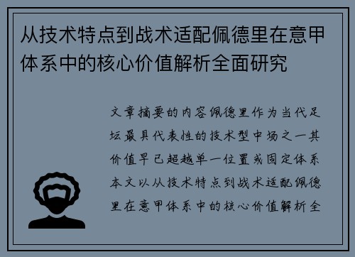 从技术特点到战术适配佩德里在意甲体系中的核心价值解析全面研究